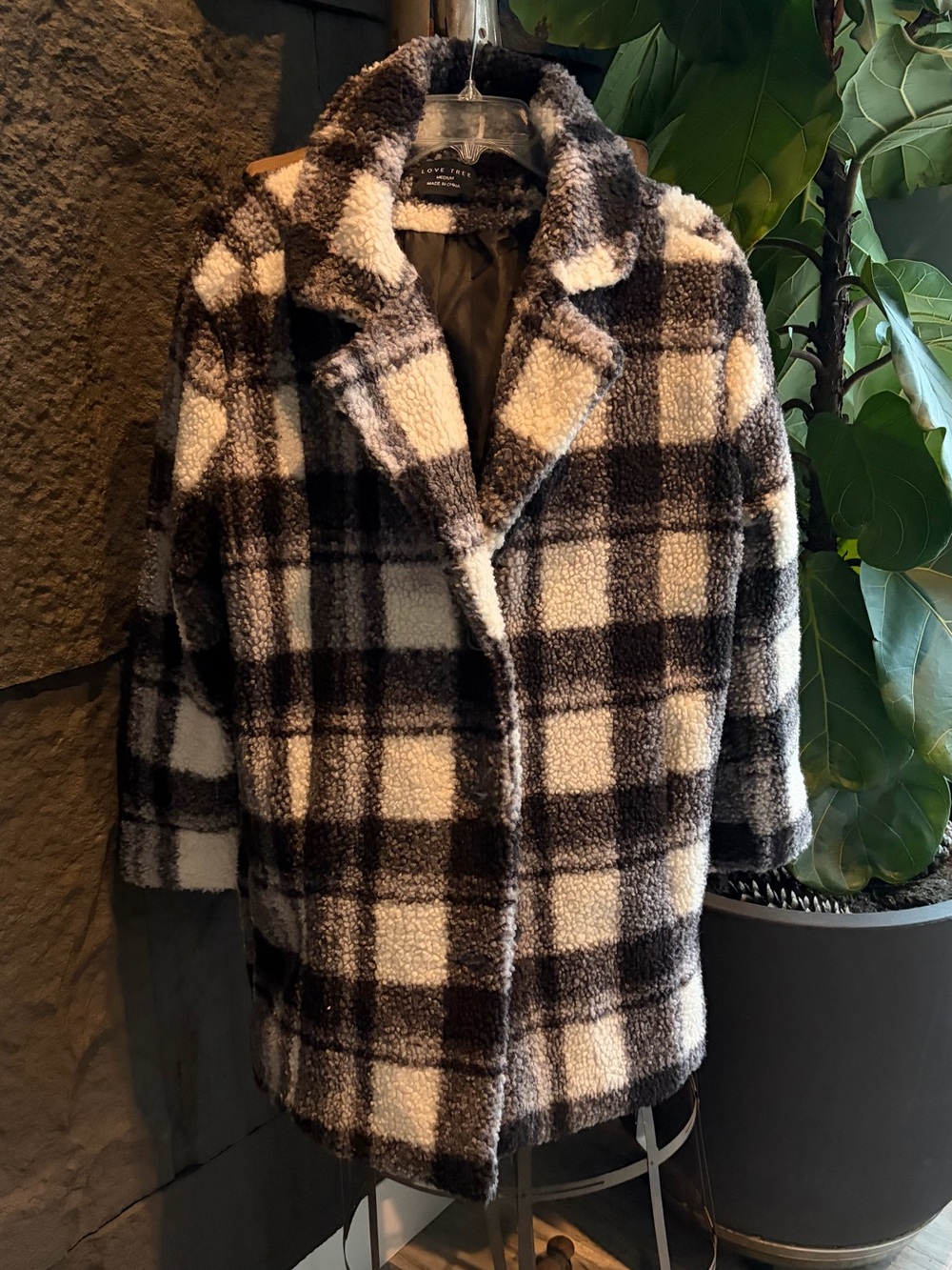 Plaid Sherpa Coat in Black & Cream – Women’s Jacket